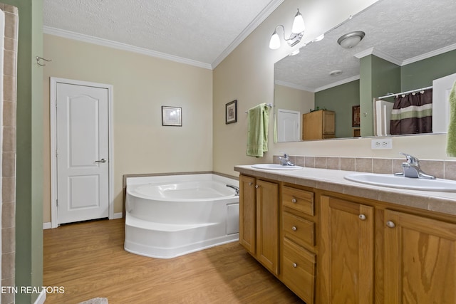 1914 Old Chilhowee Rd, Seymour, TN 37865 - bathroom featuring wood finished floors, double vanity, a bath, a textured ceiling, and a shower with shower curtain