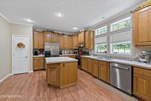 1914 Old Chilhowee Rd, Seymour, TN 37865 - kitchen with stainless steel appliances, under cabinet range hood, ornamental molding, light wood finished floors, and light countertops