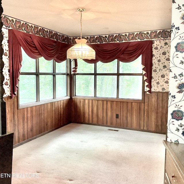 3505 Hackworth Rd, Knoxville, TN 37931 - unfurnished dining area featuring wood walls, carpet floors, and a wainscoted wall