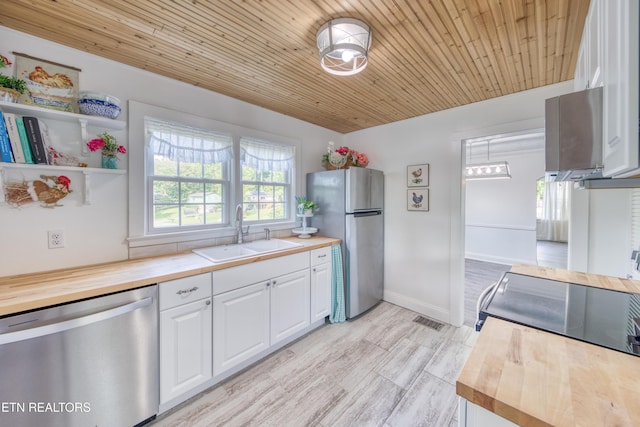 313 Edgewood Cir, Clinton, TN 37716 - kitchen with stainless steel appliances, wood counters, white cabinetry, wood ceiling, and open shelves