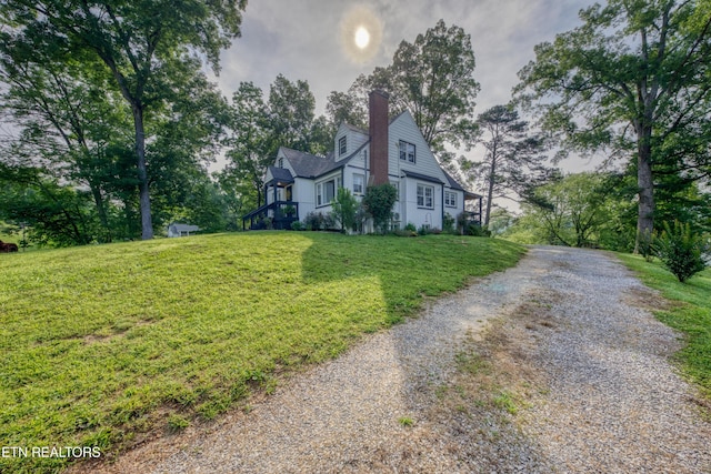 313 Edgewood Cir, Clinton, TN 37716 - view of home's exterior with driveway, a chimney, and a yard
