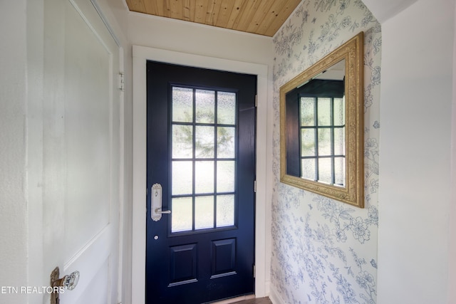313 Edgewood Cir, Clinton, TN 37716 - doorway to outside featuring wallpapered walls, healthy amount of natural light, and wood ceiling