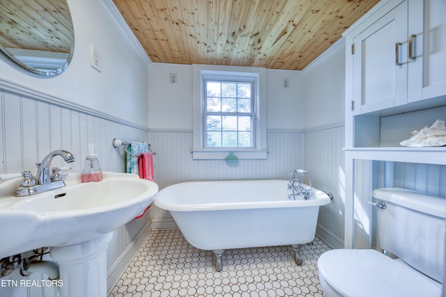 313 Edgewood Cir, Clinton, TN 37716 - full bath featuring wainscoting, a freestanding tub, and wood ceiling