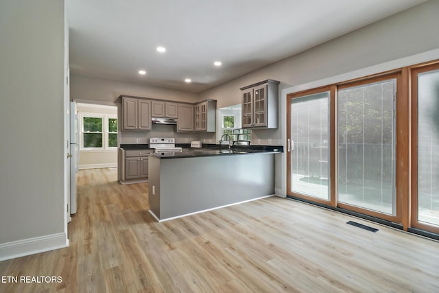 110 Lakecrest Ln, Oak Ridge, TN 37830 - kitchen featuring gray cabinets, electric range, under cabinet range hood, a peninsula, and dark countertops