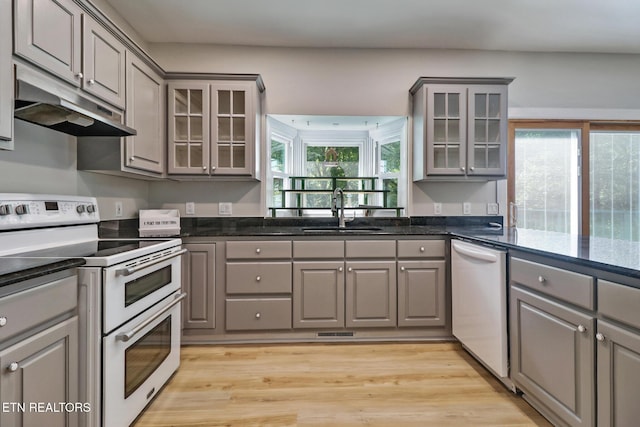110 Lakecrest Ln, Oak Ridge, TN 37830 - kitchen with white appliances, gray cabinets, and under cabinet range hood