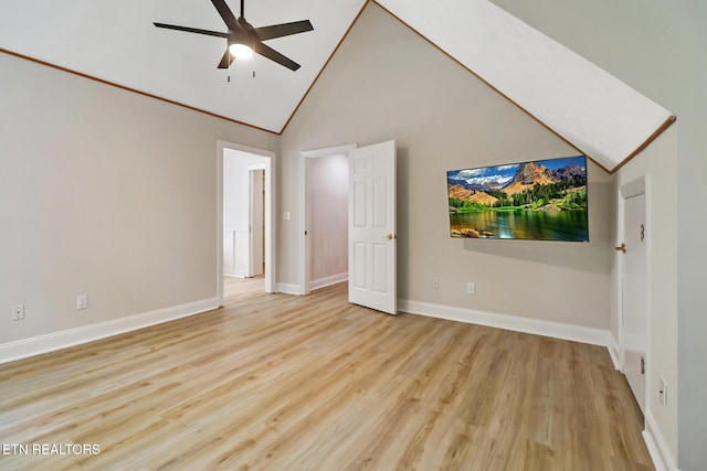 110 Lakecrest Ln, Oak Ridge, TN 37830 - unfurnished bedroom featuring high vaulted ceiling, wood finished floors, and ceiling fan