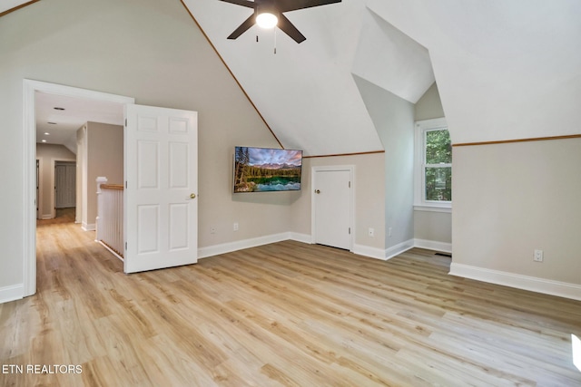 110 Lakecrest Ln, Oak Ridge, TN 37830 - unfurnished living room featuring ceiling fan, vaulted ceiling, and light wood-style floors