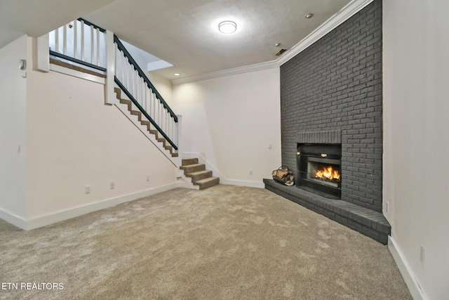 110 Lakecrest Ln, Oak Ridge, TN 37830 - unfurnished living room with carpet floors, a brick fireplace, stairway, and ornamental molding