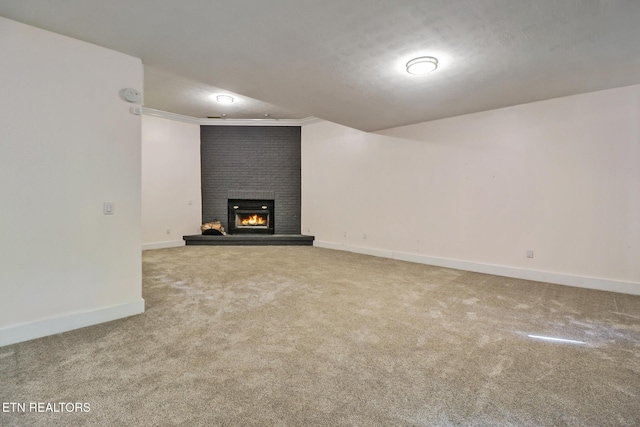 110 Lakecrest Ln, Oak Ridge, TN 37830 - unfurnished living room with carpet floors, a fireplace, and ornamental molding