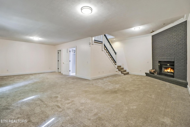 110 Lakecrest Ln, Oak Ridge, TN 37830 - unfurnished living room featuring a brick fireplace, carpet, and stairs