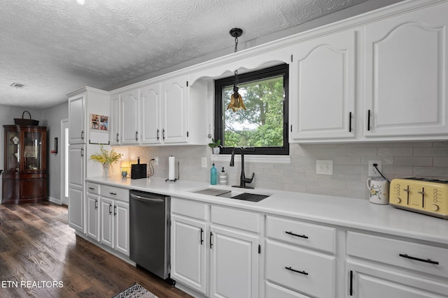 7217 Palermo Rd, Knoxville, TN 37918 - kitchen featuring dishwasher, white cabinets, decorative backsplash, a textured ceiling, and light countertops