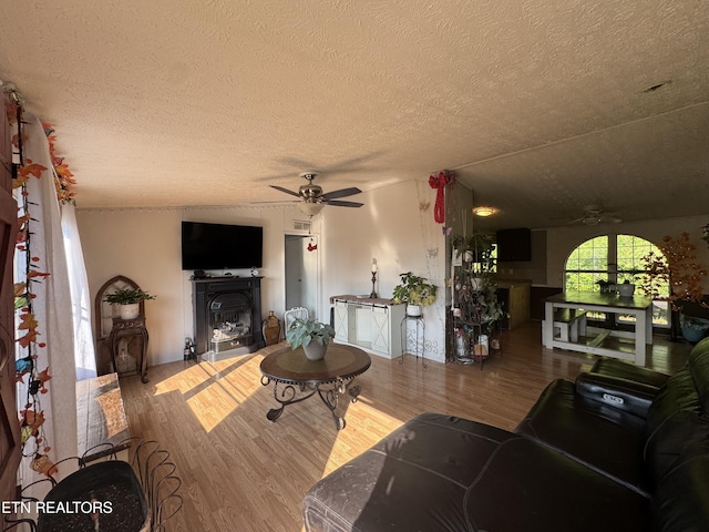 167 Marina Ln, Lafollette, TN 37766 - living room featuring ceiling fan, wood finished floors, a textured ceiling, and a fireplace