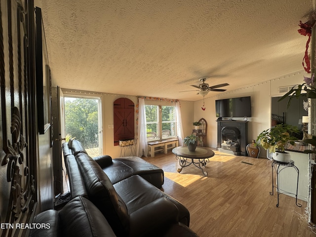 167 Marina Ln, Lafollette, TN 37766 - living room with wood finished floors, a ceiling fan, a textured ceiling, and a fireplace