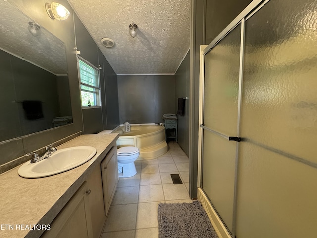 167 Marina Ln, Lafollette, TN 37766 - full bath with vanity, a shower stall, a bath, a textured ceiling, and tile patterned floors