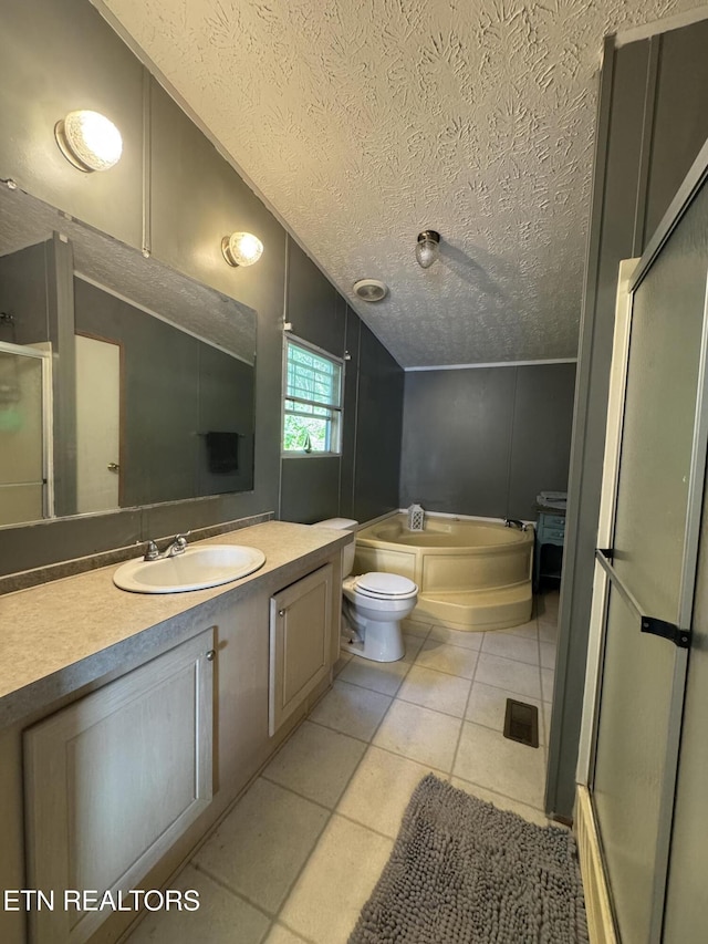 167 Marina Ln, Lafollette, TN 37766 - full bath featuring a textured ceiling, vanity, a bath, tile patterned flooring, and a stall shower