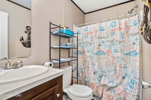 567 Jeffers Rd, Huntsville, TN 37756 - bathroom with crown molding, vanity, and curtained shower