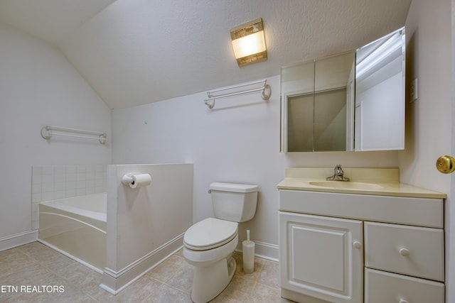 2150 Hirst Cir, Lenoir City, TN 37771 - bathroom with a garden tub, vanity, tile patterned floors, lofted ceiling, and a textured ceiling