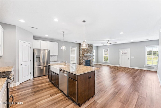8630 Yellow Aster Rd, Knoxville, TN 37931 - kitchen with appliances with stainless steel finishes, light wood-style flooring, a fireplace, ceiling fan, and recessed lighting