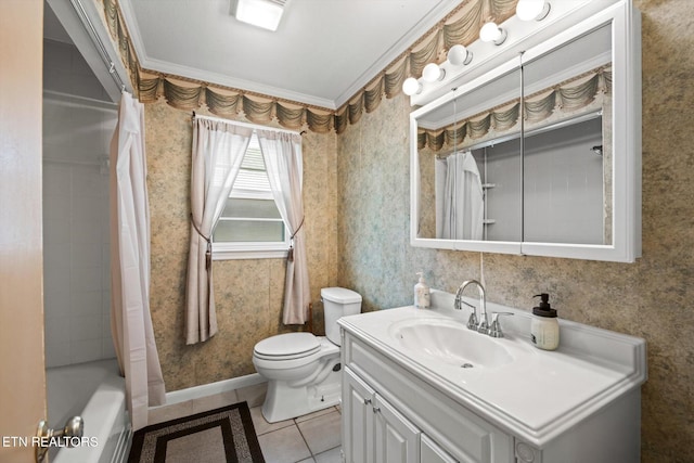 132 County Road 79, Riceville, TN 37370 - bathroom with vanity, crown molding, tile patterned floors, shower / tub combo with curtain, and wallpapered walls
