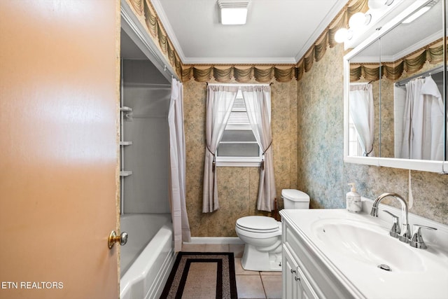 132 County Road 79, Riceville, TN 37370 - full bathroom with vanity, crown molding, tile patterned flooring, shower / bath combo with shower curtain, and wallpapered walls