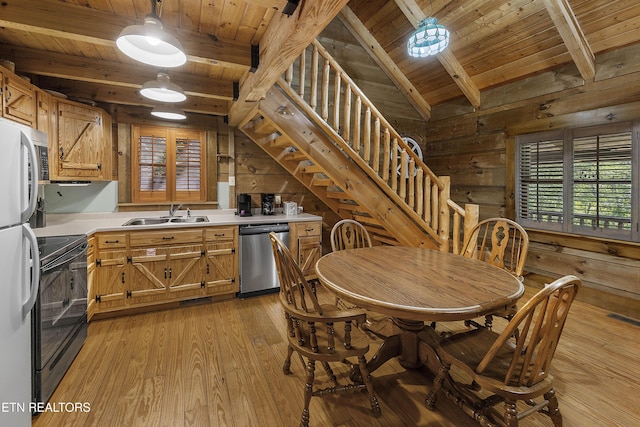 2526 N School House Gap Rd, Sevierville, TN 37876 - kitchen featuring dishwasher, electric range, freestanding refrigerator, wood ceiling, and light countertops