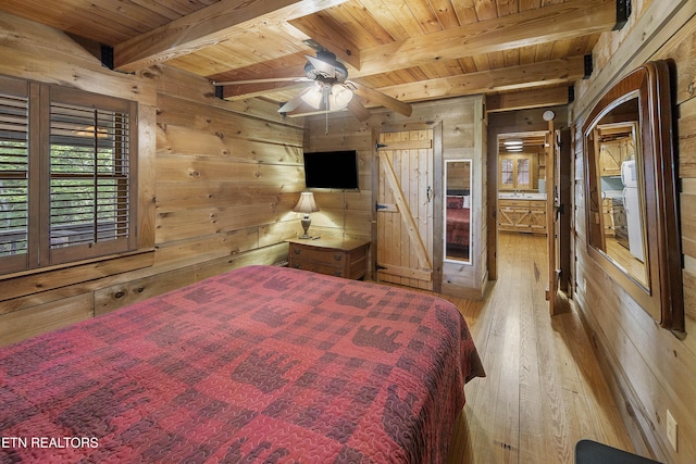2526 N School House Gap Rd, Sevierville, TN 37876 - bedroom with a wooden ceiling with exposed beams, wood walls, and wood-type flooring