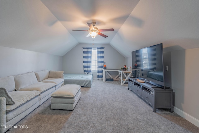 1221 Sky Top Ln, Powell, TN 37849 - living room featuring a ceiling fan, carpet floors, and lofted ceiling
