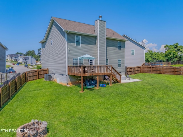 1221 Sky Top Ln, Powell, TN 37849 - rear view of house featuring a fenced backyard, a wooden deck, stairway, a chimney, and a patio