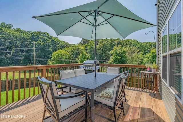 1221 Sky Top Ln, Powell, TN 37849 - deck featuring outdoor dining area, grilling area, and a view of trees