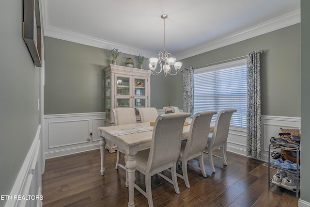 1221 Sky Top Ln, Powell, TN 37849 - dining room with a chandelier, wainscoting, ornamental molding, dark wood-style floors, and a decorative wall