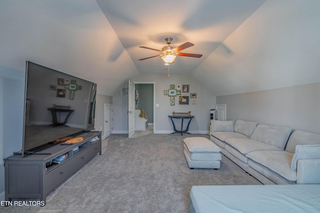 1221 Sky Top Ln, Powell, TN 37849 - living area with vaulted ceiling, a ceiling fan, and light carpet