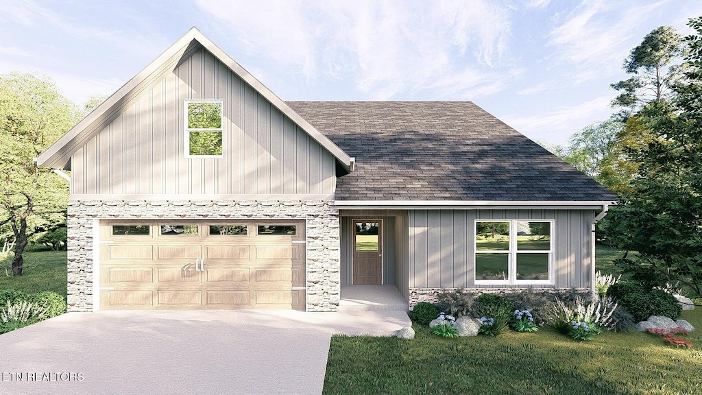 3259 Truitt Path Ln, Knoxville, TN 37931 - modern farmhouse featuring stone siding, concrete driveway, a shingled roof, and board and batten siding