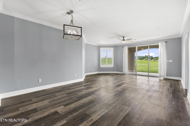 545 Rarity Bay Pkwy Unit 103, Vonore, TN 37885 - spare room with crown molding, a ceiling fan, dark wood-style floors, and a chandelier