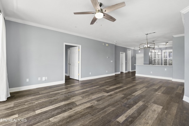 545 Rarity Bay Pkwy Unit 103, Vonore, TN 37885 - unfurnished living room featuring a ceiling fan, ornamental molding, dark wood-style floors, and a chandelier