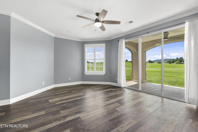 545 Rarity Bay Pkwy Unit 103, Vonore, TN 37885 - empty room featuring a ceiling fan, crown molding, and dark wood finished floors