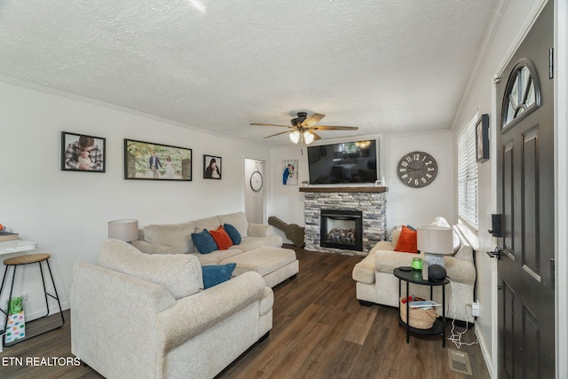 124 Pheasant Rd, Clinton, TN 37716 - living area with dark wood-style floors, ceiling fan, ornamental molding, a textured ceiling, and a stone fireplace
