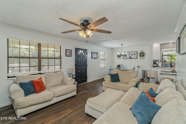 124 Pheasant Rd, Clinton, TN 37716 - living area featuring dark wood-type flooring, a textured ceiling, ceiling fan, a chandelier, and healthy amount of natural light