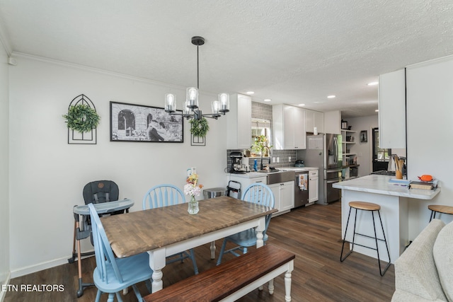 124 Pheasant Rd, Clinton, TN 37716 - dining space with a chandelier, crown molding, dark wood-style flooring, recessed lighting, and a textured ceiling