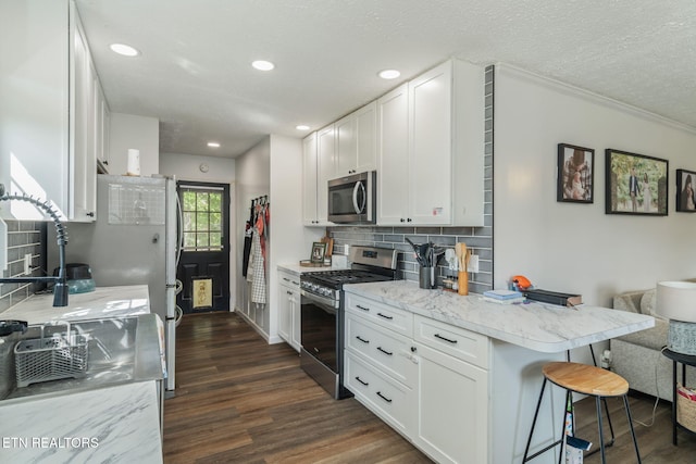 124 Pheasant Rd, Clinton, TN 37716 - kitchen with stainless steel appliances, a kitchen bar, decorative backsplash, dark wood-type flooring, and white cabinets