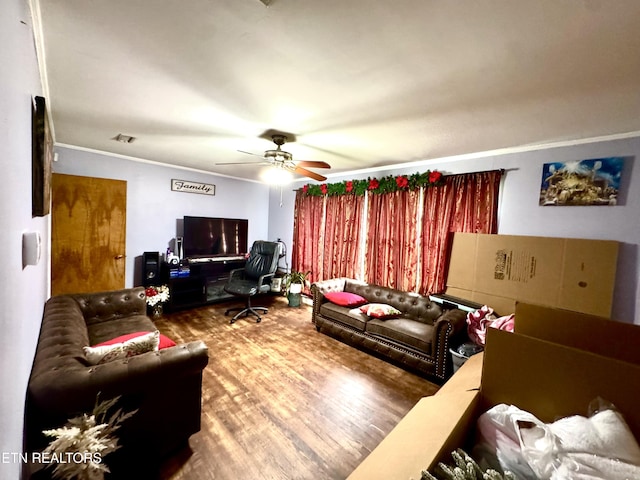 103 Albany Rd, Oak Ridge, TN 37830 - living room featuring ornamental molding, wood finished floors, and a ceiling fan