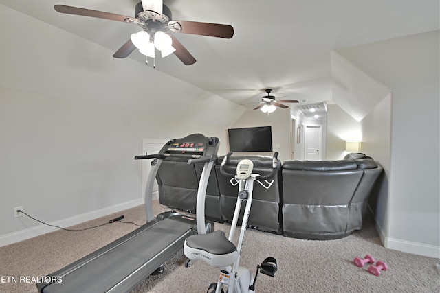 11957 Lakehurst Ln, Knoxville, TN 37934 - exercise room featuring ceiling fan, carpet, and lofted ceiling