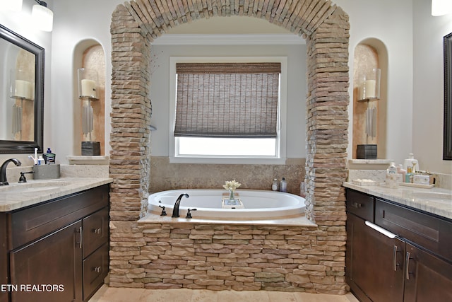 11957 Lakehurst Ln, Knoxville, TN 37934 - full bathroom with two vanities, a bath, and crown molding