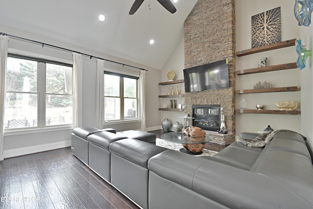 11957 Lakehurst Ln, Knoxville, TN 37934 - living room with ceiling fan, a stone fireplace, dark wood-style flooring, high vaulted ceiling, and recessed lighting