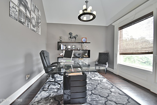 11957 Lakehurst Ln, Knoxville, TN 37934 - home office with dark wood-style floors, a chandelier, and lofted ceiling