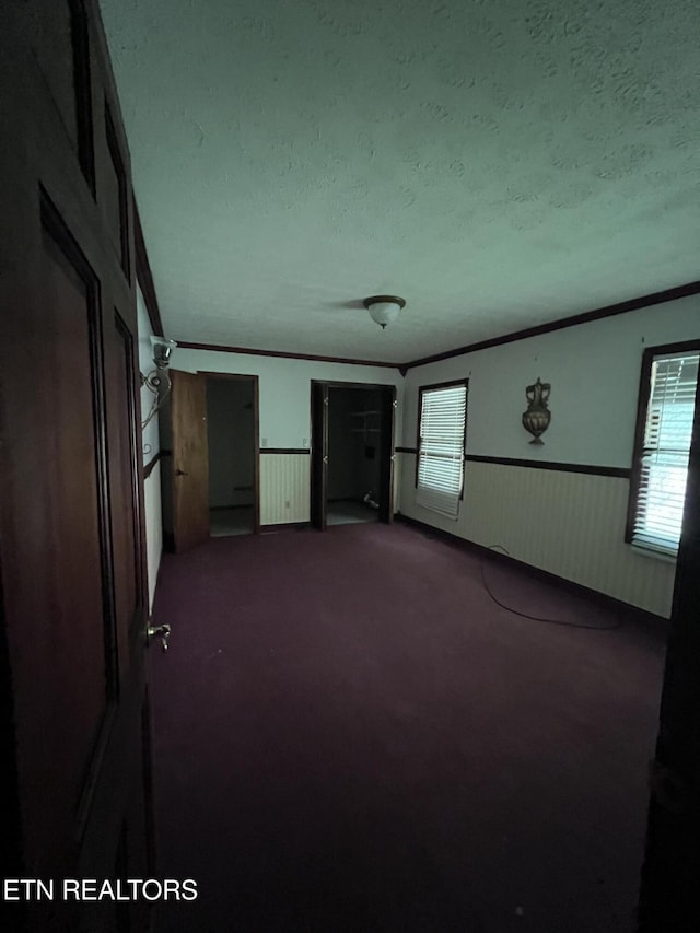 435 Simms Fork Rd, Arjay, KY 40902 - unfurnished bedroom featuring ornamental molding, carpet, a textured ceiling, and wainscoting