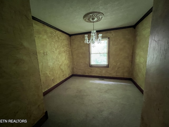 435 Simms Fork Rd, Arjay, KY 40902 - unfurnished dining area featuring a chandelier, ornamental molding, carpet floors, and a textured ceiling