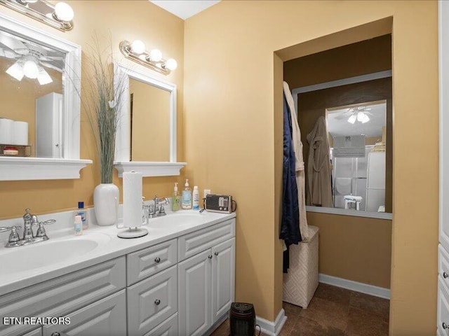 205 Ellison Rd, Lafollette, TN 37766 - bathroom with double vanity, ceiling fan, and tile patterned floors
