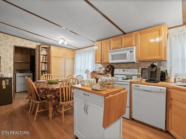 205 Ellison Rd, Lafollette, TN 37766 - kitchen featuring white appliances, washer / dryer, wallpapered walls, wood counters, and light wood-style floors