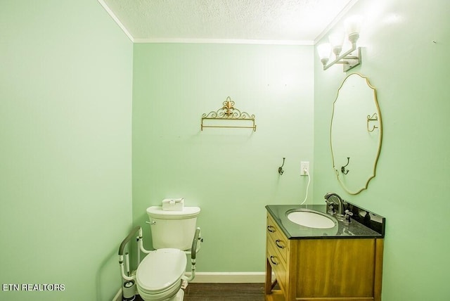 4148 New Home Rd, Smithville, TN 37166 - half bathroom with vanity, ornamental molding, wood finished floors, and a textured ceiling