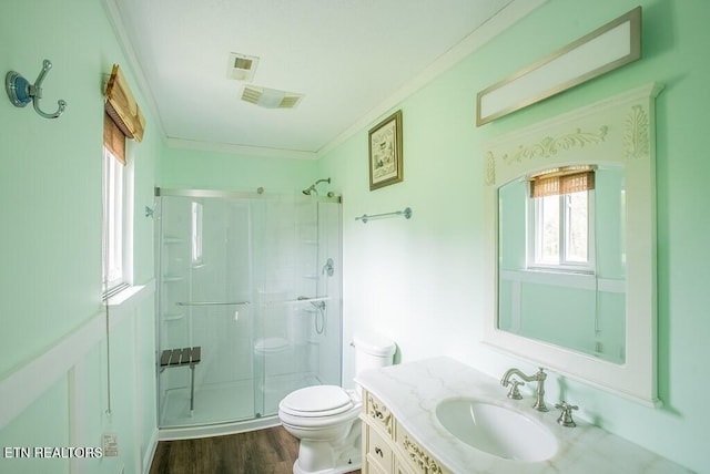4148 New Home Rd, Smithville, TN 37166 - bathroom featuring a shower stall, vanity, crown molding, and wood finished floors